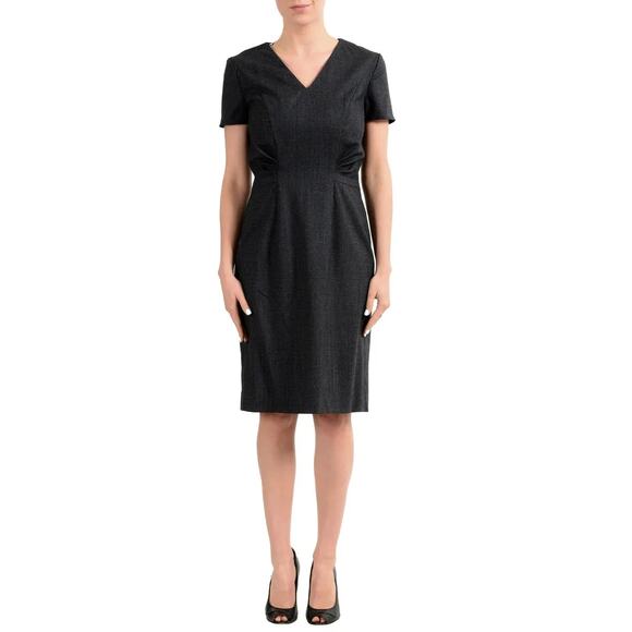 HUGO BOSS Wool Melange Micro Check Sheath V Neck Pleated Midi Dress | 8 - Picture 7 of 7